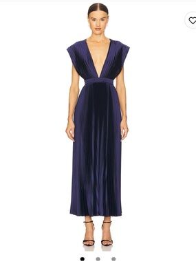 Deep Indigo Plunging Pleated Maxi Dress